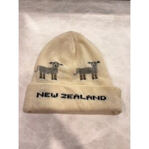 Vintage New Zealand Sheep Knit Beanie Hat Cream Souvenir Wool Blend Folding Cuff